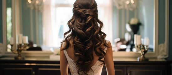 A woman with long, layered brown hair is standing by the wooden door in a buildings bathroom, admiring her reflection in the mirror