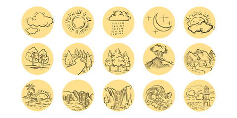 Landscape and landforms icon set. Natural, terrain, line stroke hand drawn.