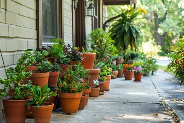 cluster of potted plants arranged artistically on the houses pathway