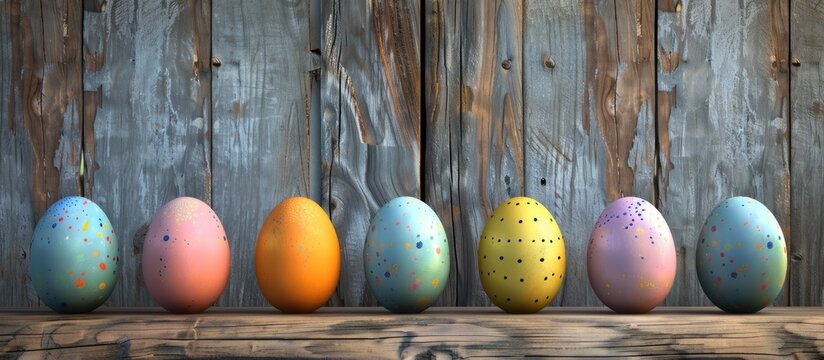 Easter eggs displayed against a wooden backdrop with room for your messages.