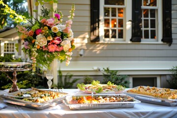 food buffet set up on a table with a flower centerpiece by the house