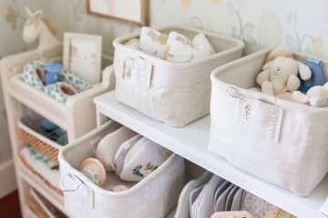 neat fabric storage baskets in a nursery with baby items - obrazy, fototapety, plakaty