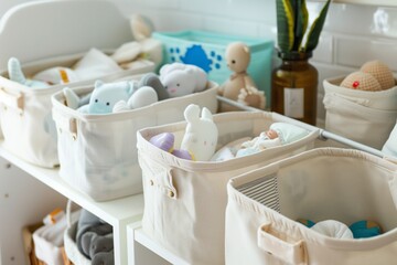 Fototapeta na wymiar neat fabric storage baskets in a nursery with baby items