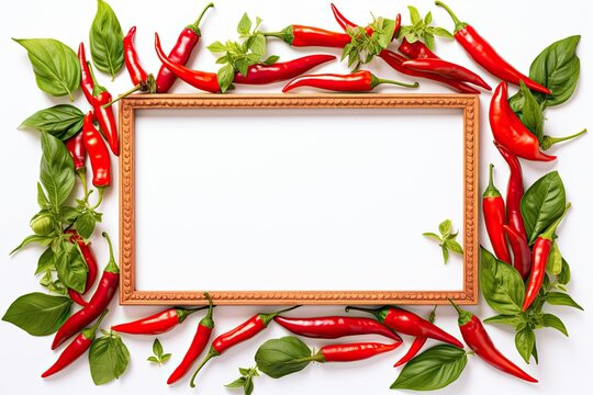 Red chili peppers and basil leaves around an empty picture frame