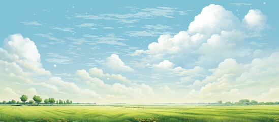 Obraz premium A natural landscape painting featuring a field with trees, grassland, and cumulus clouds in the sky creating a serene atmosphere