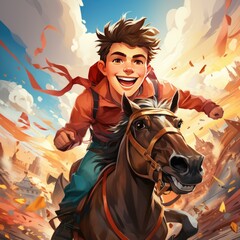 Animated boy riding a horse with a dynamic background