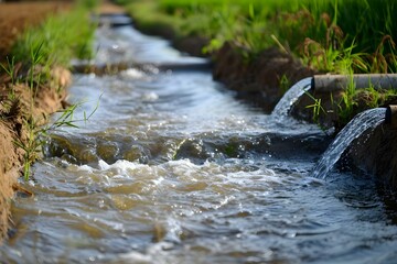 Irrigating Rice Fields with Ground Well Water Using Pump Wells Technique. Concept Agricultural Irrigation, Rice Cultivation, Groundwater Pumping, Sustainable Agriculture, Water Management