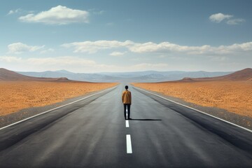 Fototapeta na wymiar Man standing on an empty road leading to mountains