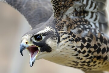 Obraz premium closeup of falcons head in flight, beak open