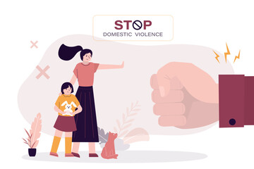 Stop domestic violence, inequality, family problems. Giant fist threatens wife and child. Scared terrified woman and kid frightened by angry dad