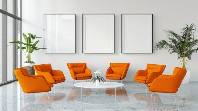 a white wall with calligraphic in orange color with blank white portrait frames with modern interior design and furniture