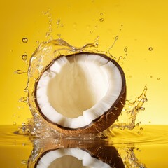 Coconut with water splash on yellow background