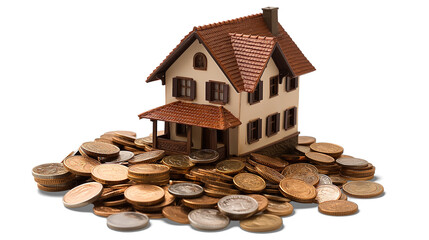 house with coin with transparent background, PNG no background, real estate and house market investing concept, profit and ROI, Generative Ai	
