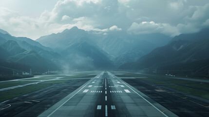 Mountain Mist: Empty Airport Airstrip in the Foggy Silence - obrazy, fototapety, plakaty