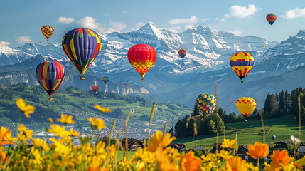 Obraz premium Brightly-colored hot air balloons soar above a picturesque valley, with snow-capped mountains as backdrop
