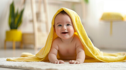 A cute baby wearing a yellow towel. cosmetic shot, beauty industry advertising photo. baby beauty, baby cosmetics.