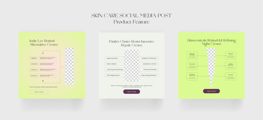 products social media post, Skin Care Features Post. Minimalist Natural skin care beauty product features instagram.