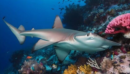 A Hammerhead Shark Swimming Past A Colorful Coral
