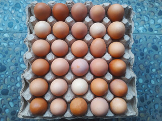 collection of many chicken eggs in an egg tray at home grocery store