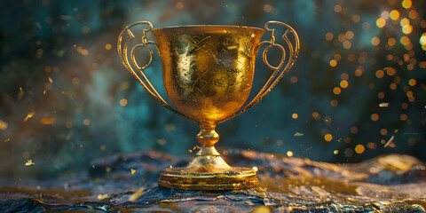 Gold winner cup on blue background Golden champion cup trophy for the winner award victory first place ,  Inspiring golden trophy on a backdrop representing success and achievement Vertical, - obrazy, fototapety, plakaty