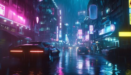 A vibrant city street bathed in neon lights reflecting on wet pavements, capturing the dynamic life of the city in the rain.