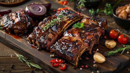 Wooden Cutting Board With Ribs Covered in BBQ Sauce
