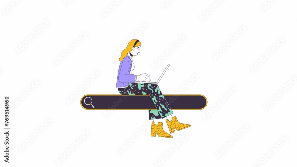 Poster female programmer on search bar line 2d character animation. software development on internet flat c