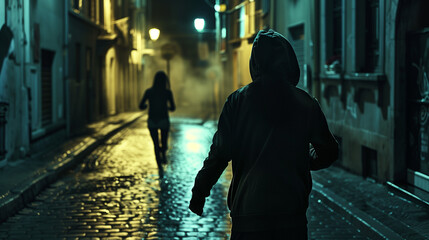Back view of hooded figure following woman at night. Woman running scared for her life.