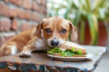 guilty looking dog with a stolen sandwich - 769514944