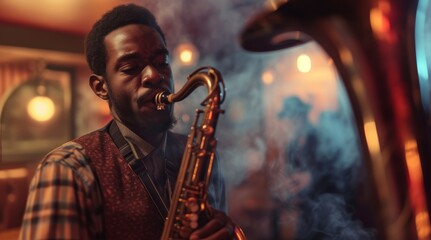 Passionate jazz musician playing saxophone in a smoke-filled room, intensity and musicality illuminating his expression. - obrazy, fototapety, plakaty
