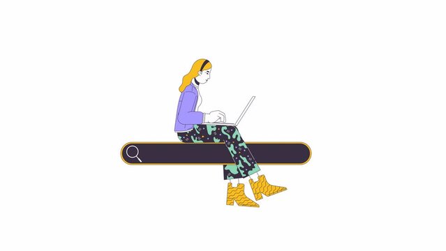 Female programmer on search bar line 2D character animation. Software development on internet flat color cartoon 4K video, alpha channel. Woman with laptop animated person on white background