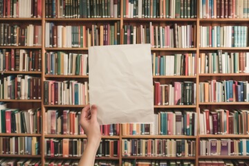 hand holding up paper in front of a bookshelf full of books