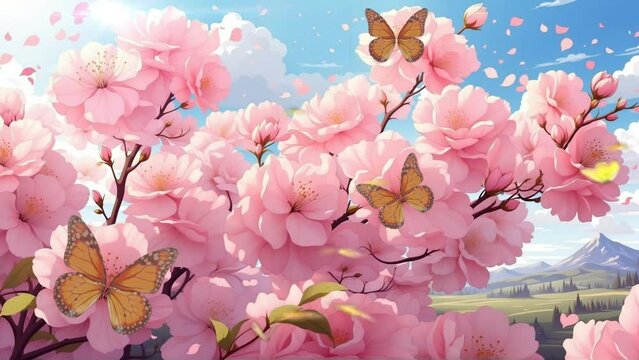 yellow butterflies with pink cherry blossom flowers. enchanted spring animation background. 4k resolution loop video
