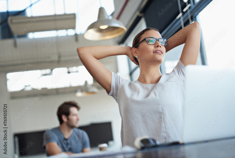 Poster Woman, relax at desk and thinking of ideas for project, problem solving and solution with deadline at startup. Brainstorming, inspiration and mindfulness with break at work, rest and calm at office