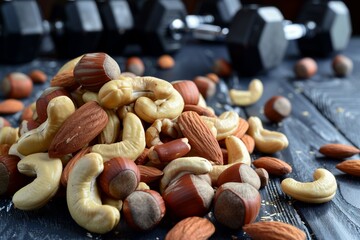 handful of mixed nuts with dumbbells scattered in the back - obrazy, fototapety, plakaty