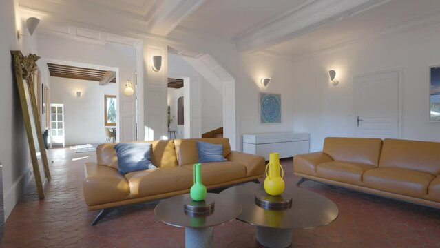 Slow establishing shot of a living room within a luxury villa in Castelnau le Lez