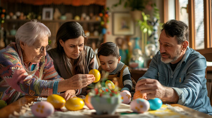 A multi-generational family from various backgrounds celebrating Easter together with unique traditions - egg decorating, feasting, or religious rituals. - obrazy, fototapety, plakaty