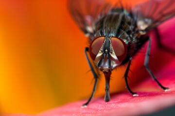 closeup of a flys eyes on a flower petal