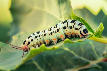 caterpillar munching on a fresh green leaf - obrazy, fototapety, plakaty