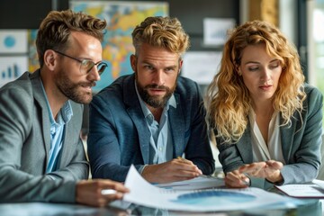 Professional Team Brainstorming Over Documents in Modern Office Setting