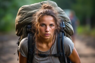 A young woman tightening their rucksack before starting their rucking workout, determination - obrazy, fototapety, plakaty