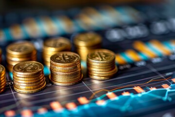 Financial Growth Concept with Stacked Coins on a Graph Background Representing Investment, Economy, and Wealth Accumulation