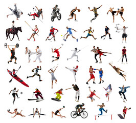 Collage. Athletes of different sports, men and women in motion, training isolated on white background. Concept of professional sport, competition, championship, game, dynamics - obrazy, fototapety, plakaty
