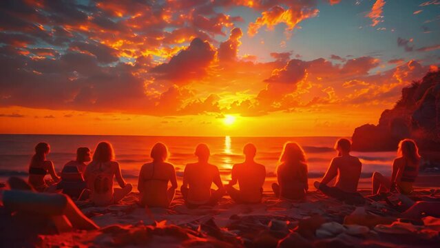 Group of friends sitting on the beach at sunset