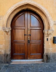 Fototapeta na wymiar A beautifully crafted wooden door set within an arched stone entrance exudes mystery and the charm of old-world architecture.