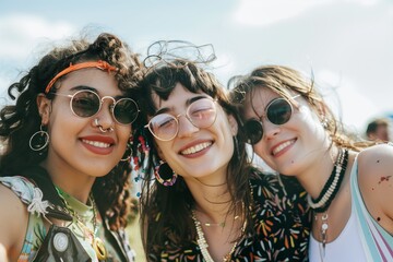 Group of three female friends during an indie rock festival