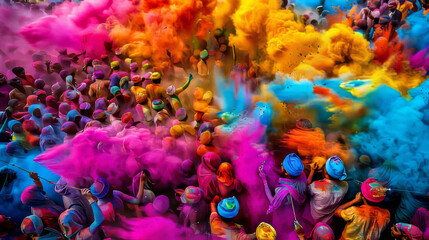 A throng of people are immersed in clouds of bright colorful powder, celebrating with euphoric joy at a festive event - obrazy, fototapety, plakaty