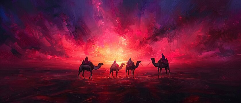 Desert landscape, oil painted, camels in silhouette, twilight hues, wide lens.