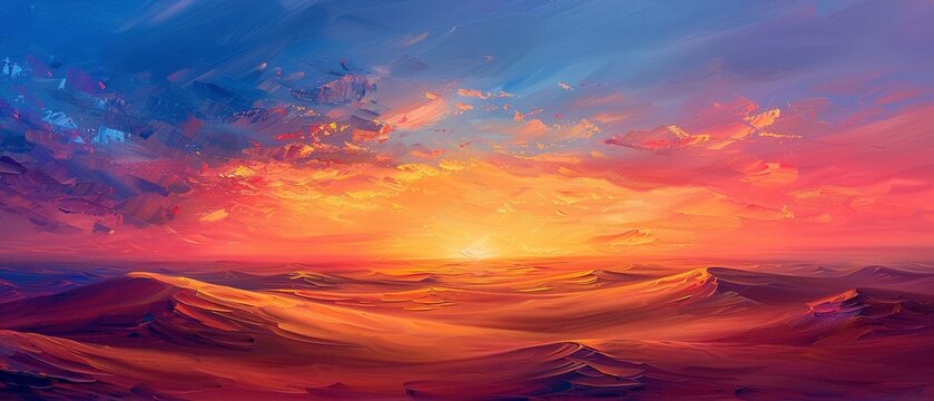Desert dunes, oil painted, sunset colors, tranquil atmosphere, panoramic shot.