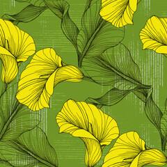 Bright floral seamless pattern with calla lilies flowers with leaves on background. Vector drawing for the design of fabrics, textiles, packaging, covers, wallpapers, websites.
